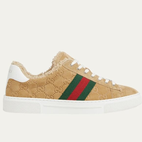 Gucci Ace Supreme GG Guccissima Logo Web Stripe Shearling Sneakers Shoes - Picture 1 of 13